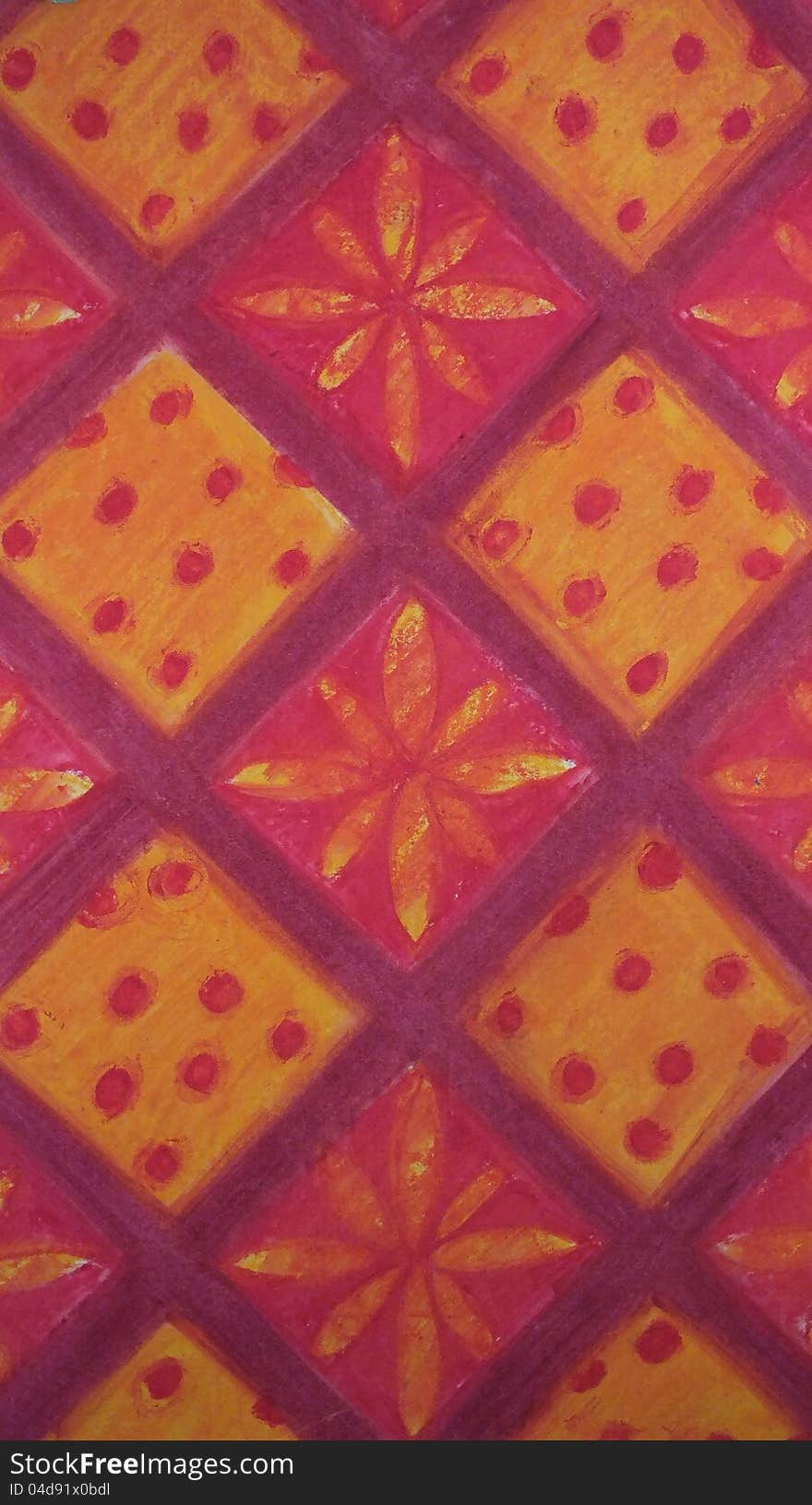 Original oil pastel design of simple trellis and flowers and spots, warm colors. Original oil pastel design of simple trellis and flowers and spots, warm colors