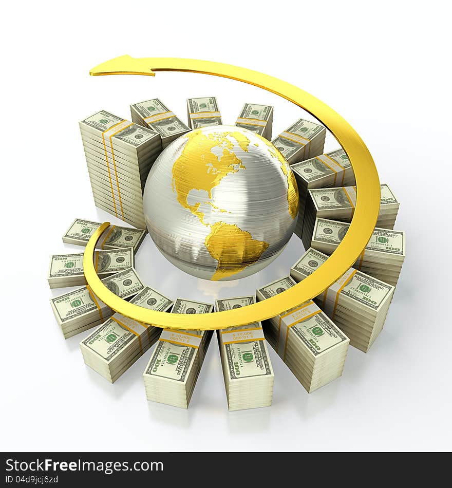 Growing stack of dollar bills with earth in center. Growing stack of dollar bills with earth in center