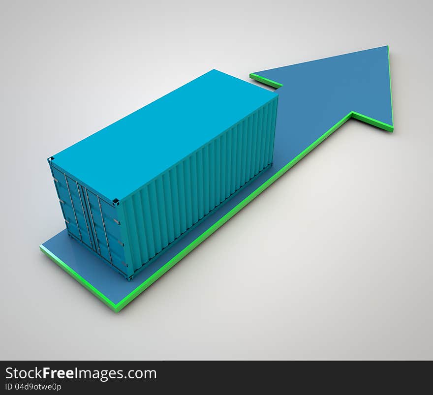 Unmarked shipping container on blue arrow. Unmarked shipping container on blue arrow