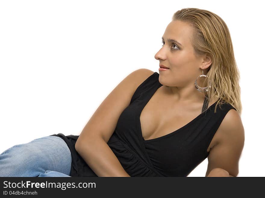 Female model in studio on white background, with an expression of smiling look of satisfaction. Female model in studio on white background, with an expression of smiling look of satisfaction.