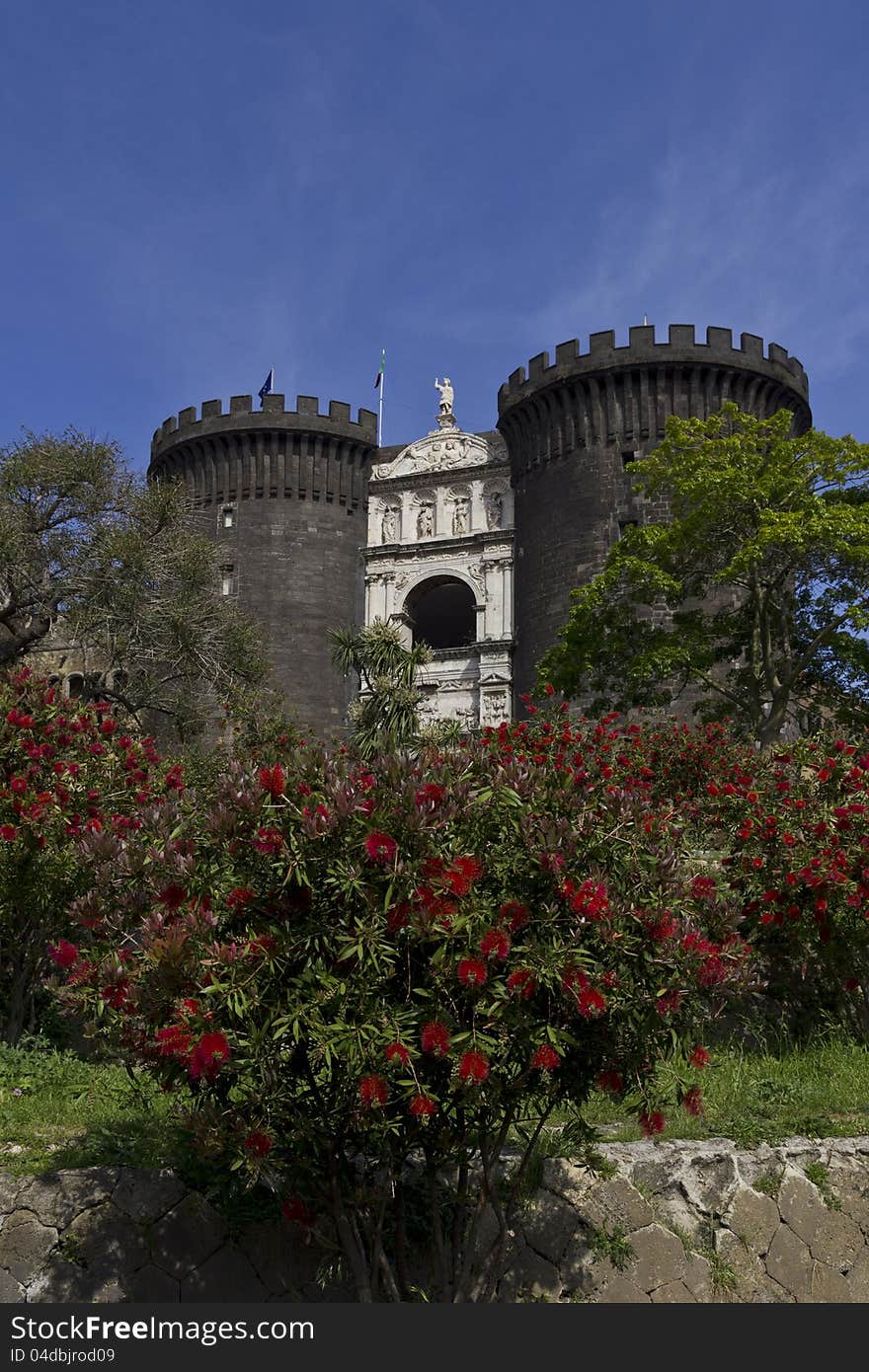 View of the Maschio Angioino Castle of Naples with the flowering plants in spring. View of the Maschio Angioino Castle of Naples with the flowering plants in spring.