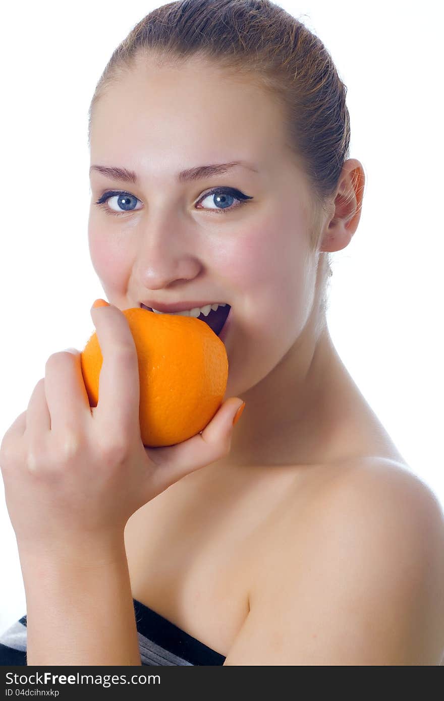 Attractive caucasian woman isolated on white shot with orange