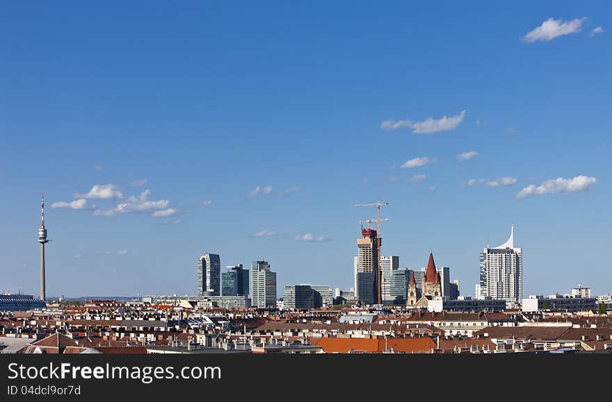 Vienna Skyline 2nd district (called Leopoldstadt) in front and 22nd district in the back. View from Vienna's Landmark the historic Giant Wheel in the Prater Park.