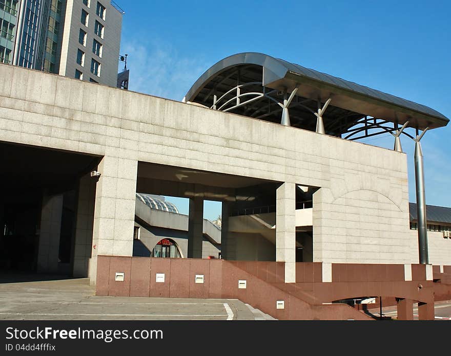 Entry into a modern urban architecture business complex. Entry into a modern urban architecture business complex