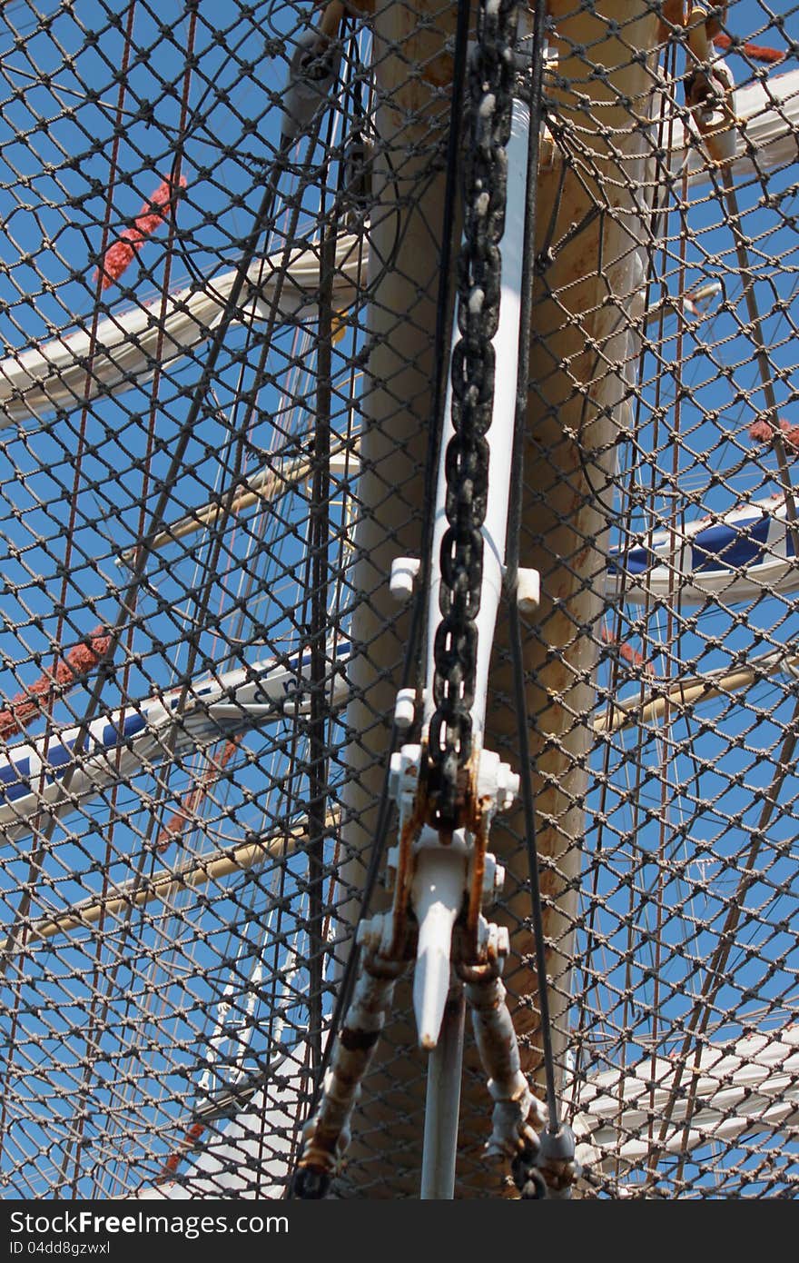 Net on the stern of frigate with three mast