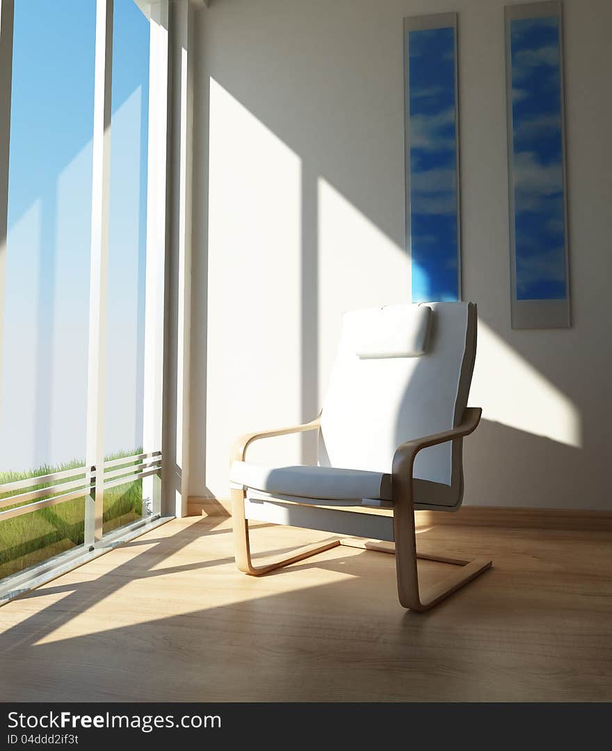 Contemporary Chair on a room corner, besides a large window in the sun.