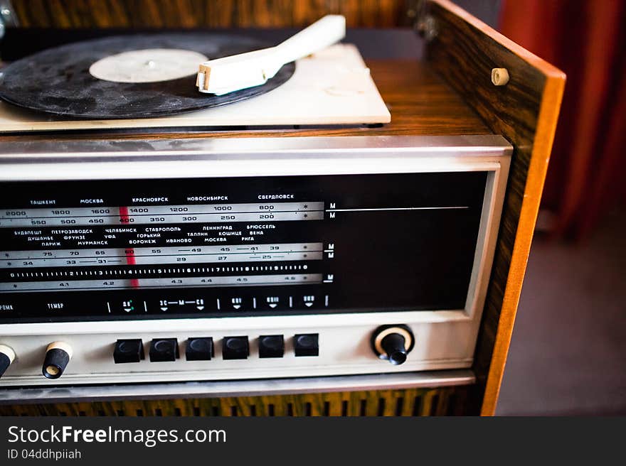 Closeup of a wooden retro radio