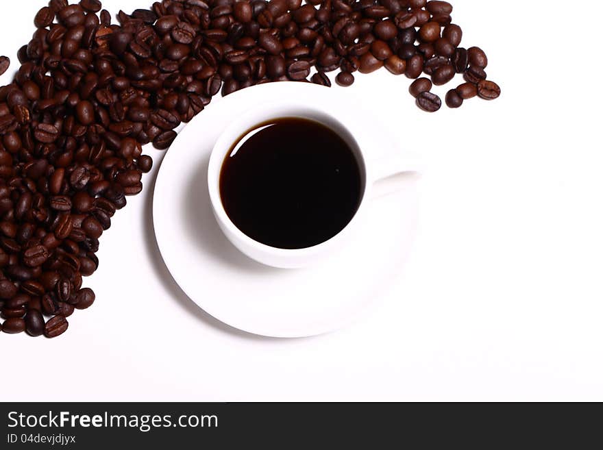 Cup of black hot coffe over white background