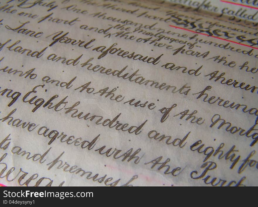 Close up of handwritten title deed. Close up of handwritten title deed