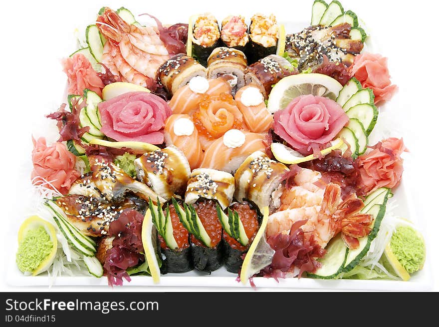 Japanese sushi with caviar on a white background