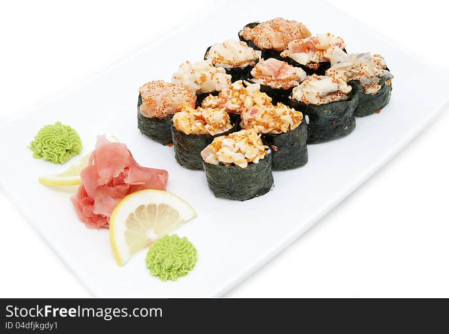 Serving traditional Japanese sushi on white background