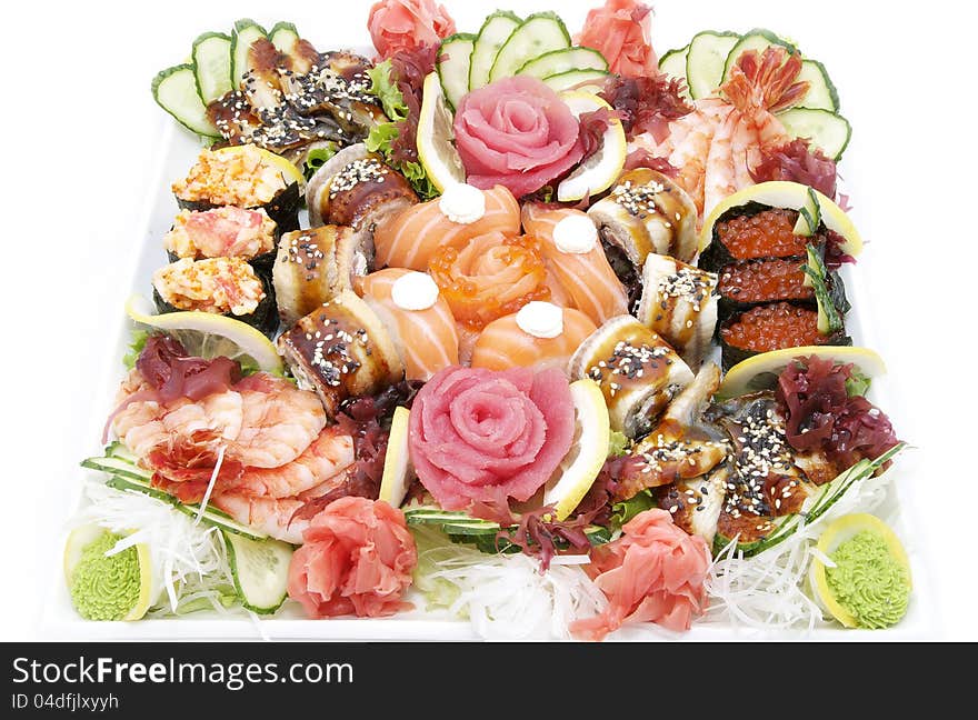 Japanese sushi fish and seafood on white background