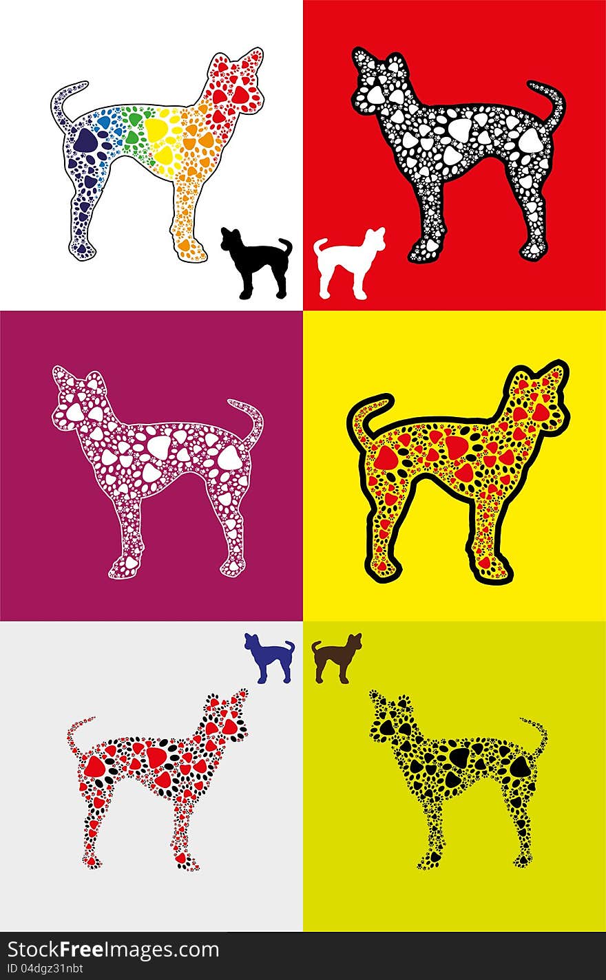 Dog silhouette with paw shapes in various  colors