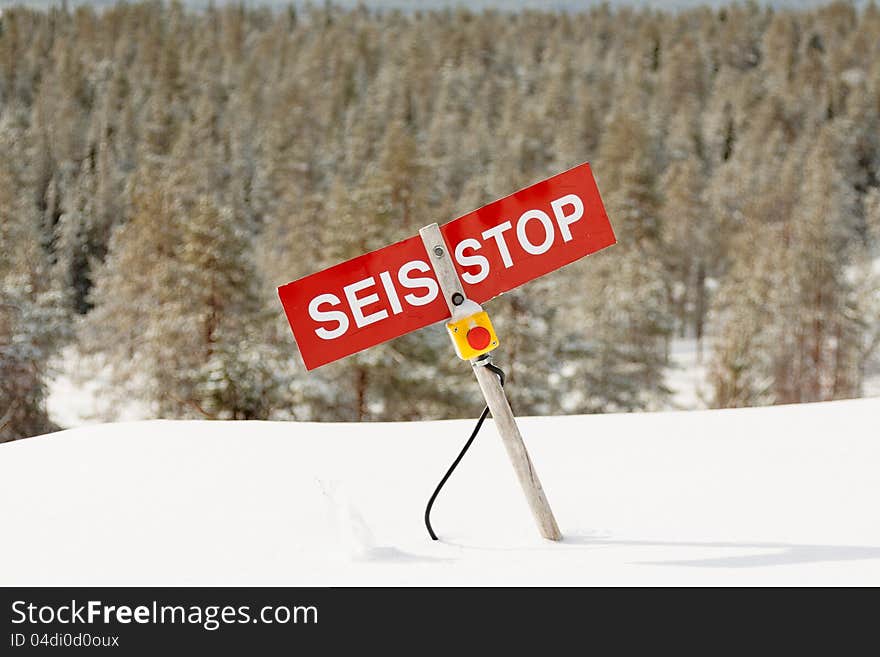 Stop button on the ski slopes. Stop button on the ski slopes