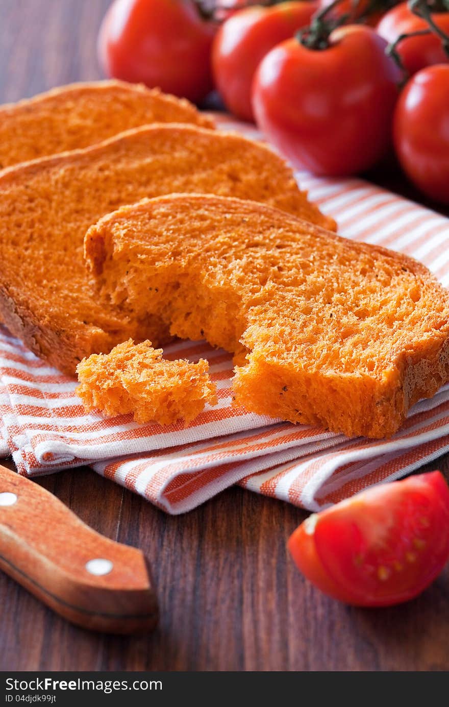 Homemade tomato bread, selective focus