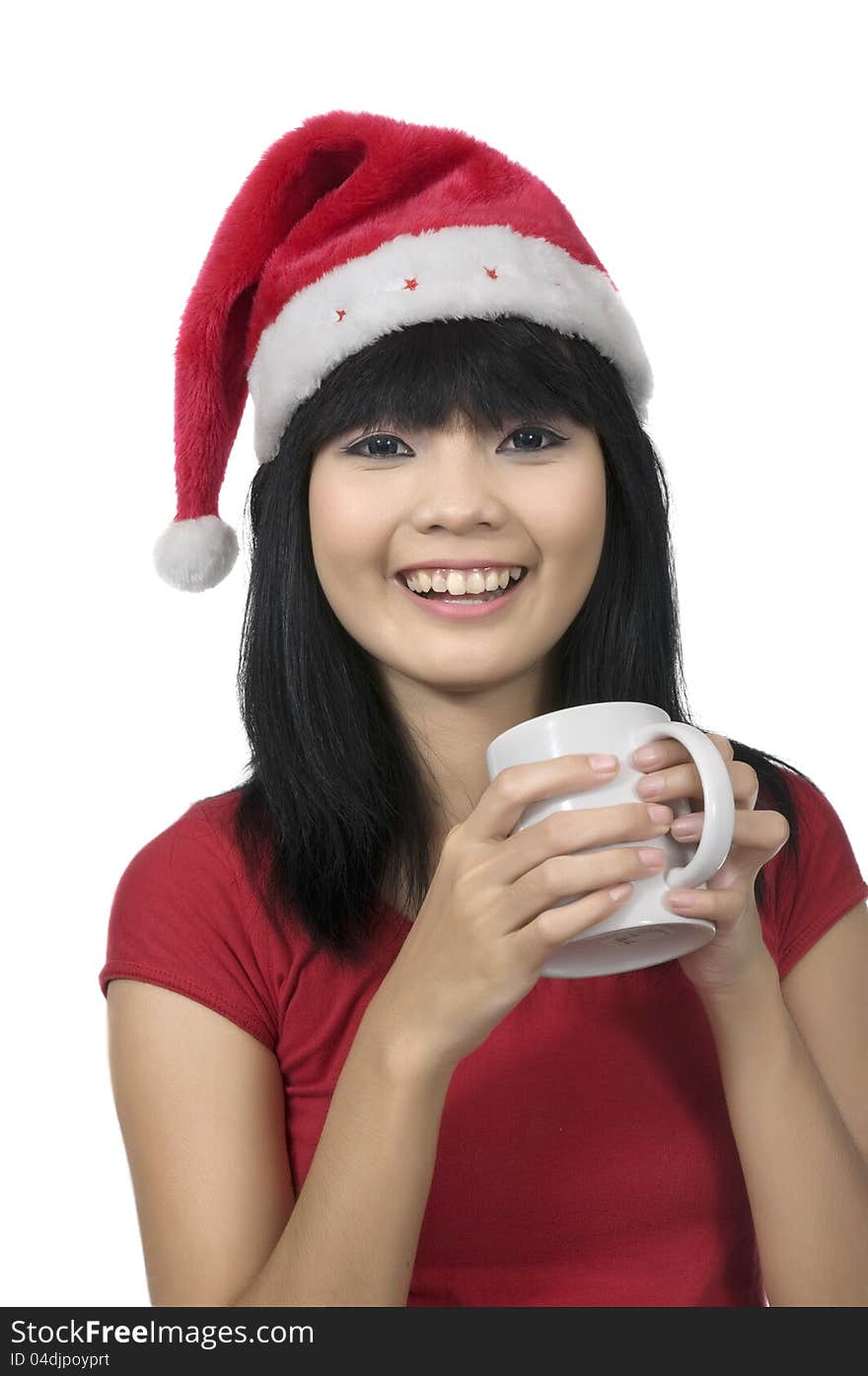 Beautiful asian woman celebrate christmas with drink hot coffee. Beautiful asian woman celebrate christmas with drink hot coffee