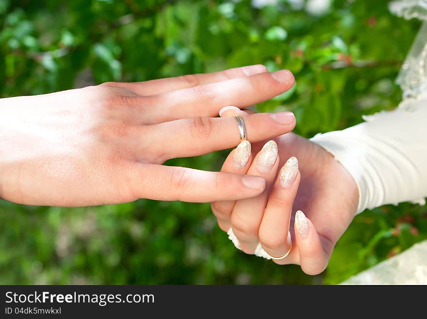 Hands Of The Groom And The Bride With Wedding Ring