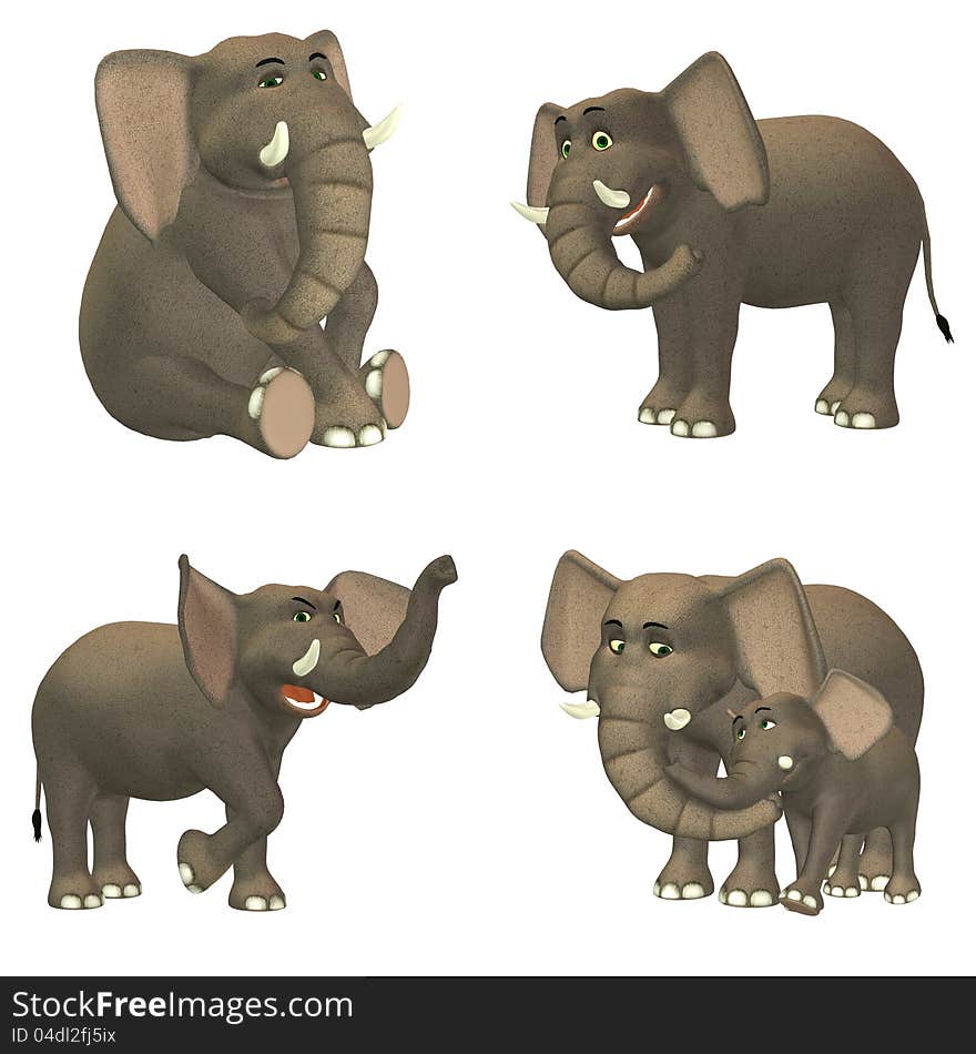 Illustration of a pack of four (4) elephants with different poses and expressions isolated on a white background. Illustration of a pack of four (4) elephants with different poses and expressions isolated on a white background