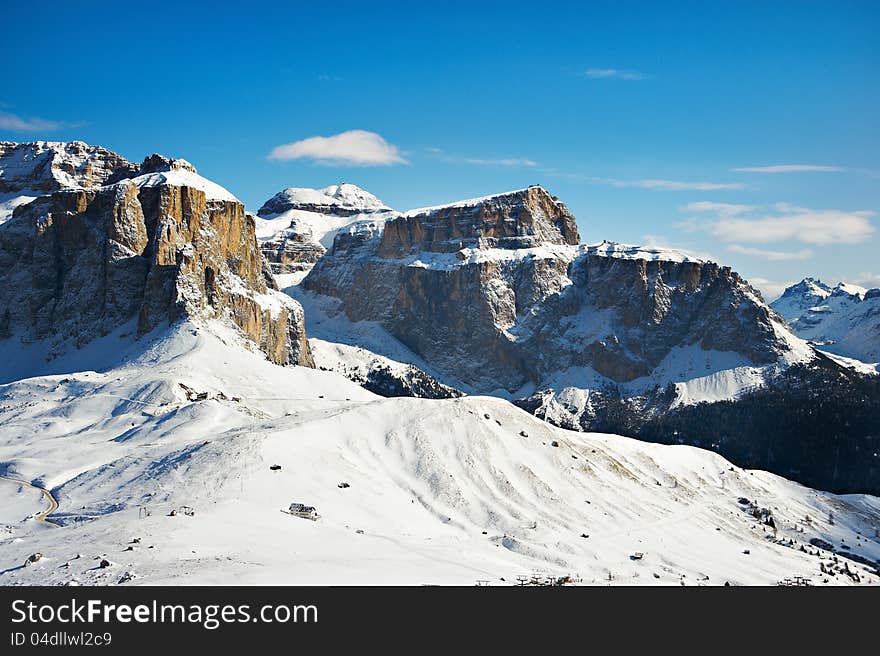 View of the Dolomites mountains in winter season