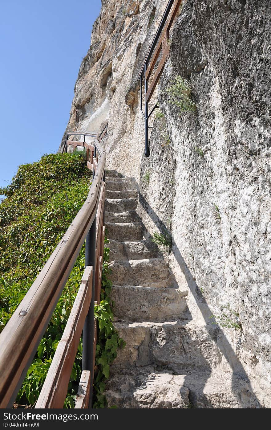 Stairs to Basarabovo stone church in northern Bulgaria near Ruse city. Stairs to Basarabovo stone church in northern Bulgaria near Ruse city