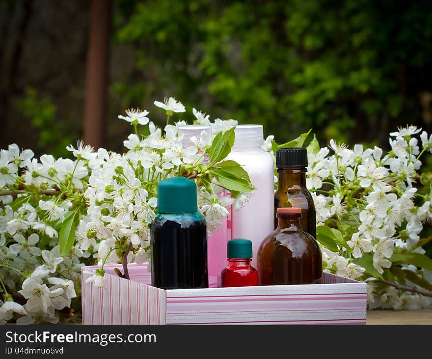 Bottles of aromatherapy oil and fresh cherry blossom - beauty treatment