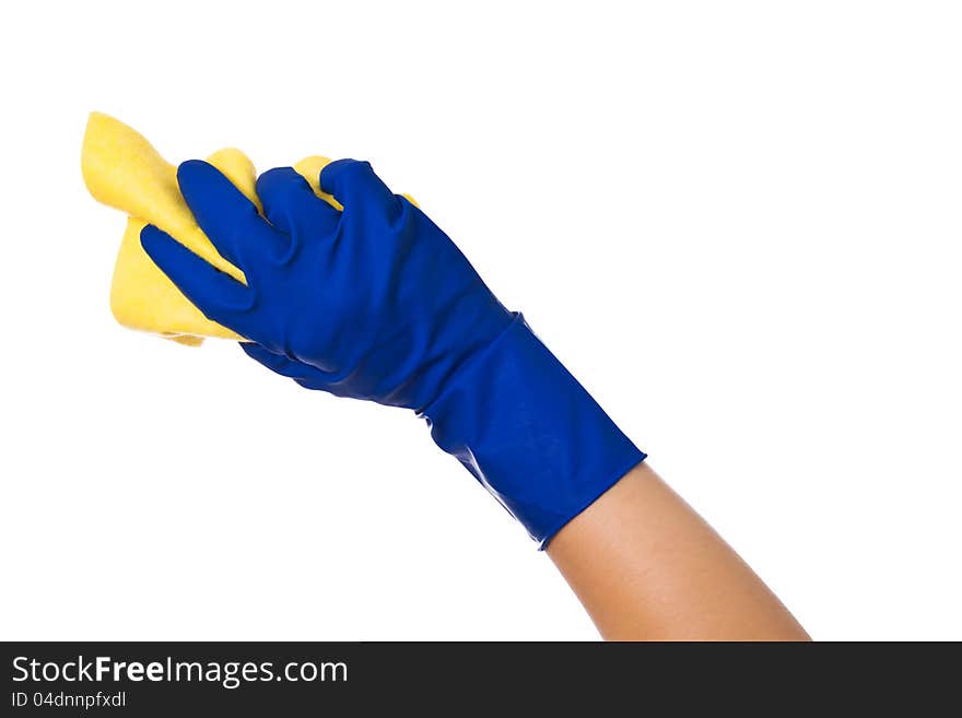 Hand holding a sponge isolated on white background. Cleaning