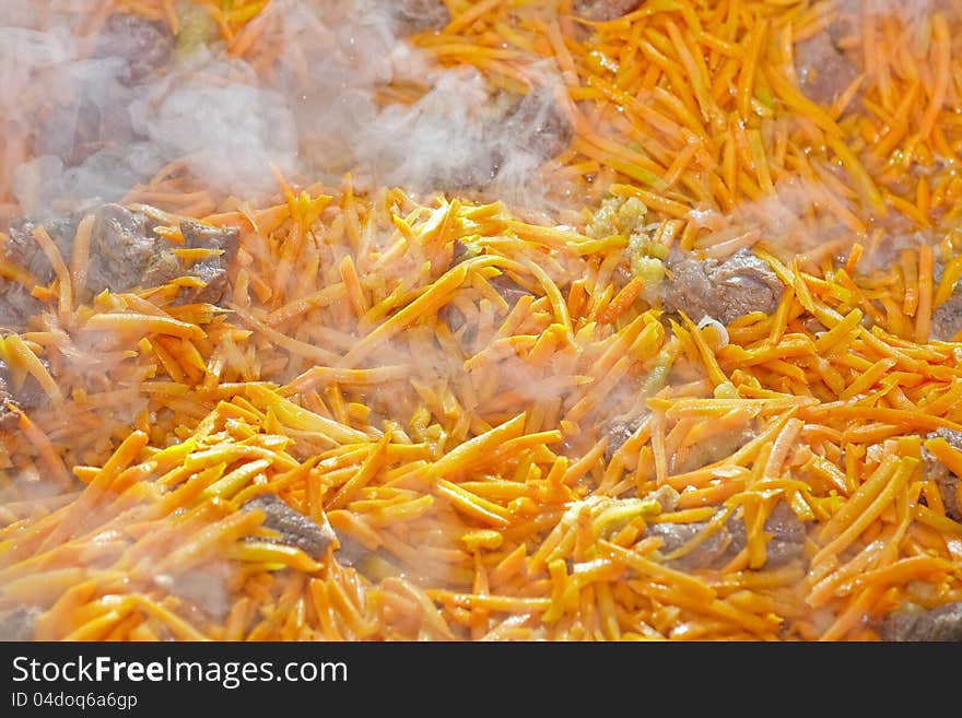 Meat and carrots for pilaf close up. Meat and carrots for pilaf close up