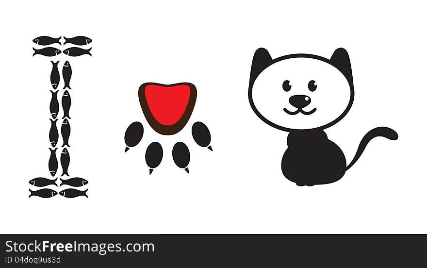 I love cat concept illustration with I letter formed using fishes and love symbol formed using cat paw. I love cat concept illustration with I letter formed using fishes and love symbol formed using cat paw