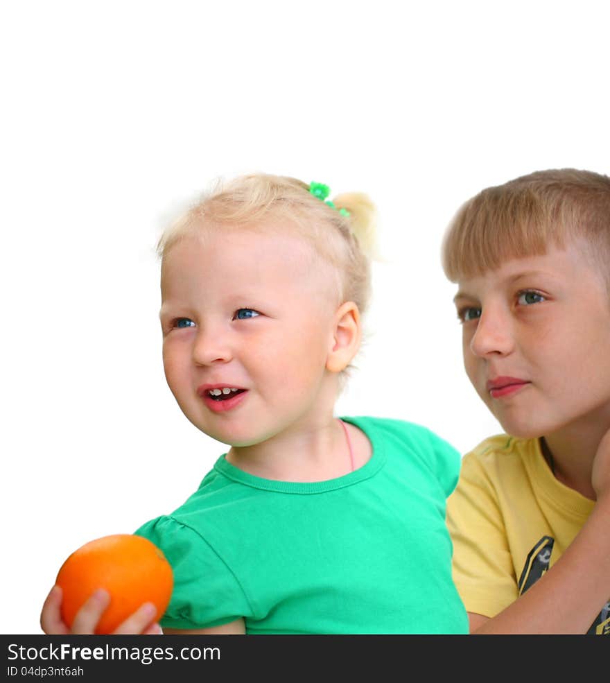 Brother and sister, and an isolated orange background