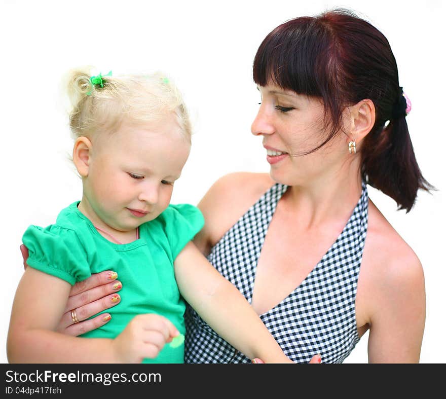 Mom and daughter isolated background