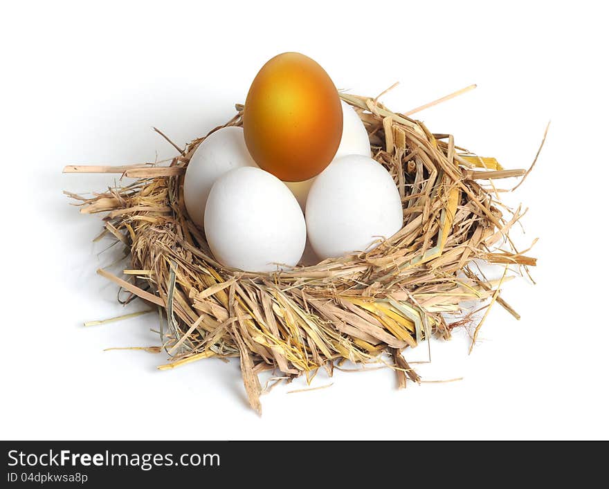 Golden egg with ordinary eggs in the nest on white background