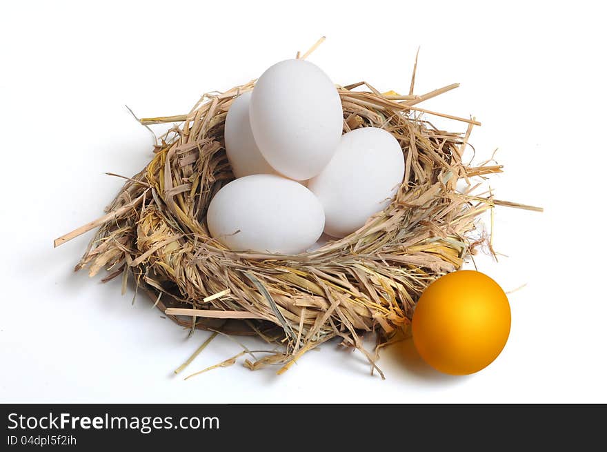 Golden egg with ordinary eggs in the nest on white background