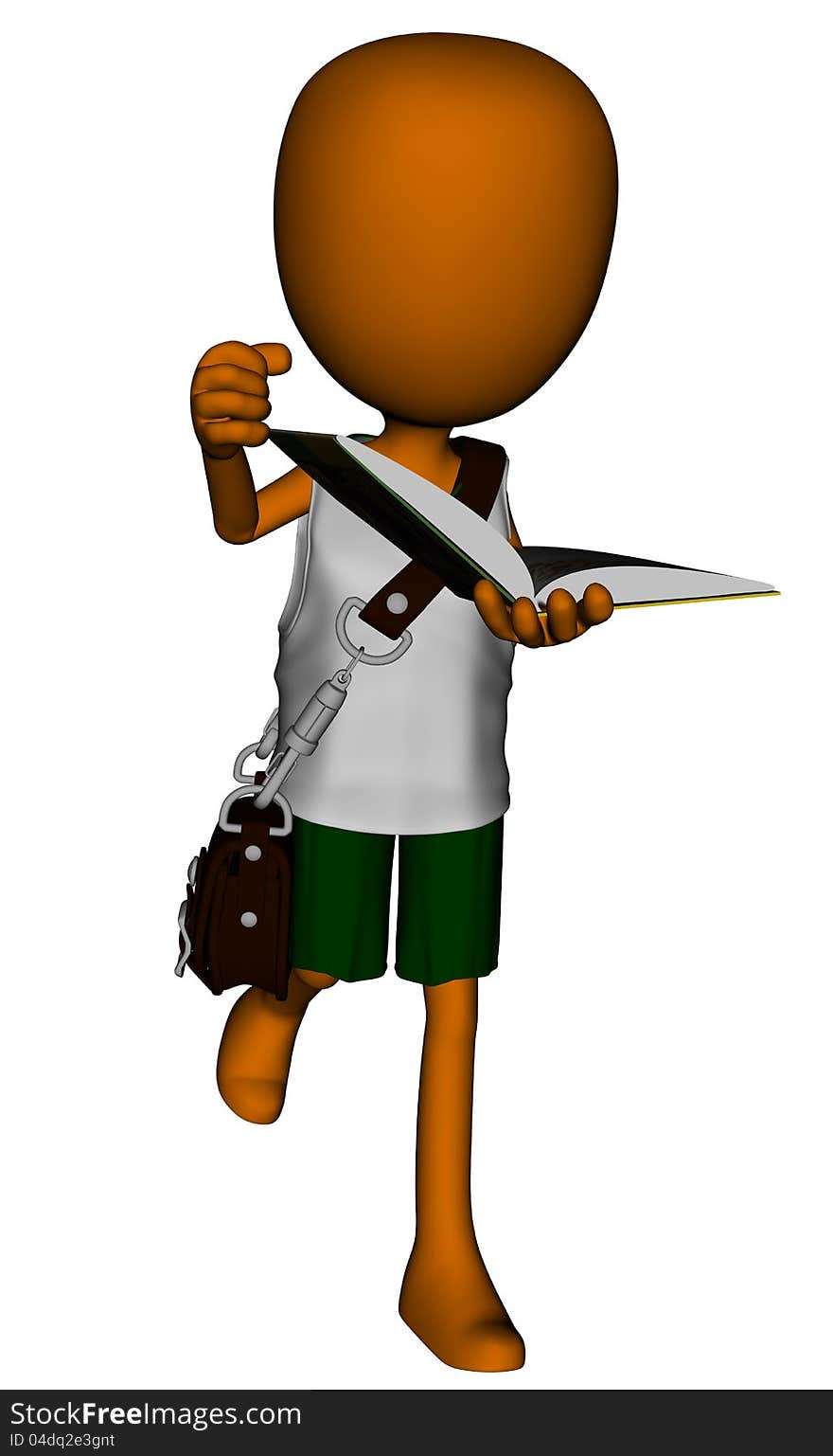 3D render of an orange cartoon style man wearing university student clothes and holding a book. 3D render of an orange cartoon style man wearing university student clothes and holding a book.