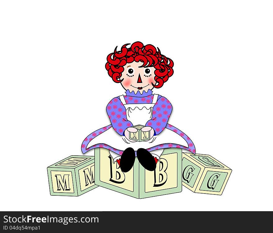 An illustration of a red headed doll sitting on top of wooden toy alphabet building blocks. An illustration of a red headed doll sitting on top of wooden toy alphabet building blocks