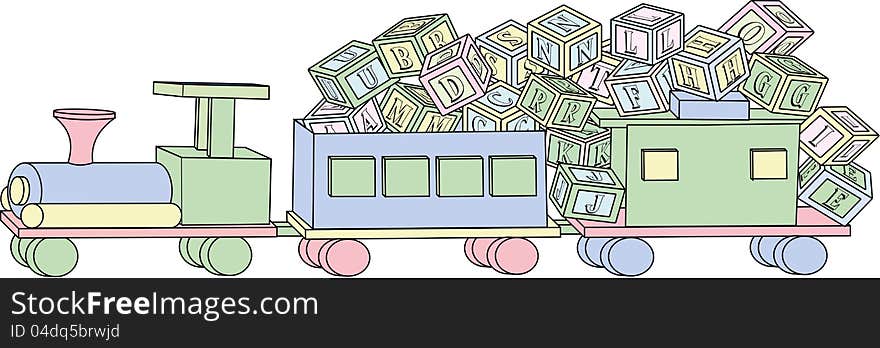 An illustration of a wooden toy train carrying lots of wooden toy alphabet building blocks. An illustration of a wooden toy train carrying lots of wooden toy alphabet building blocks