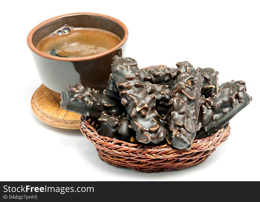 Hot coffee and cookie in basket to morning meal on white background. Hot coffee and cookie in basket to morning meal on white background