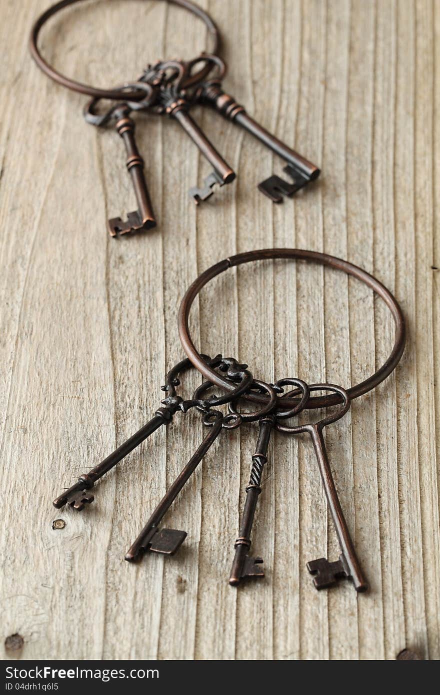 Old keys on wooden background