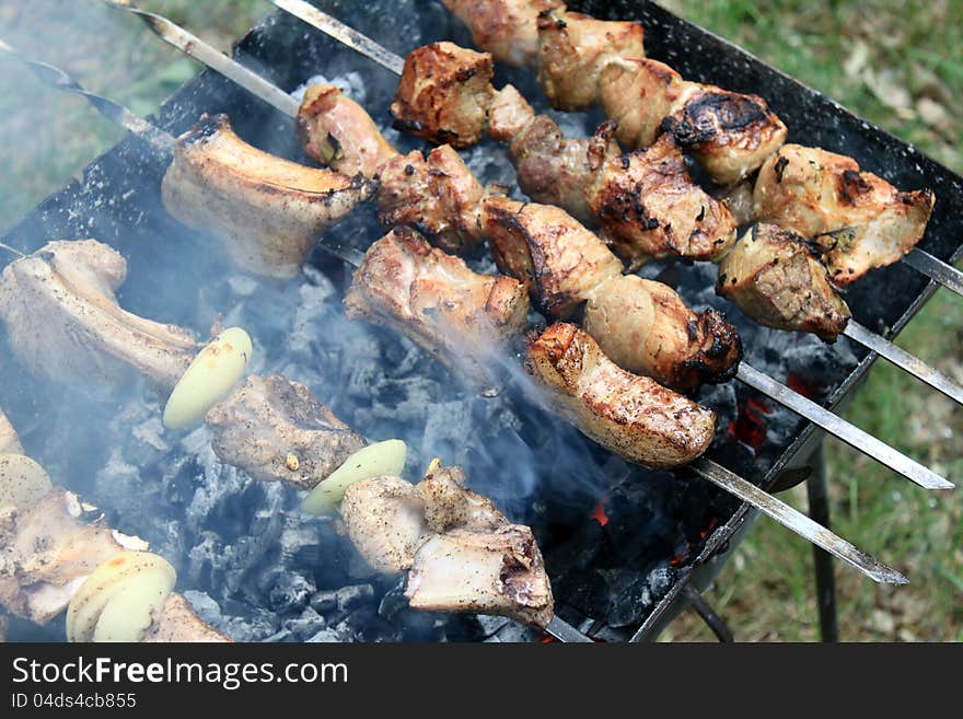 Tasty grilled meat on skewers