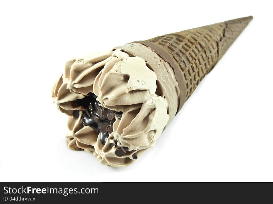 Chocolate ice cream cone on white background