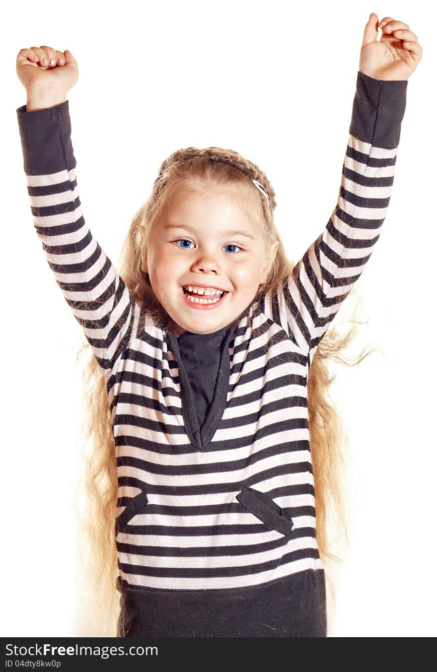 Funny smiling little girl with blue eyes, raises her hands up