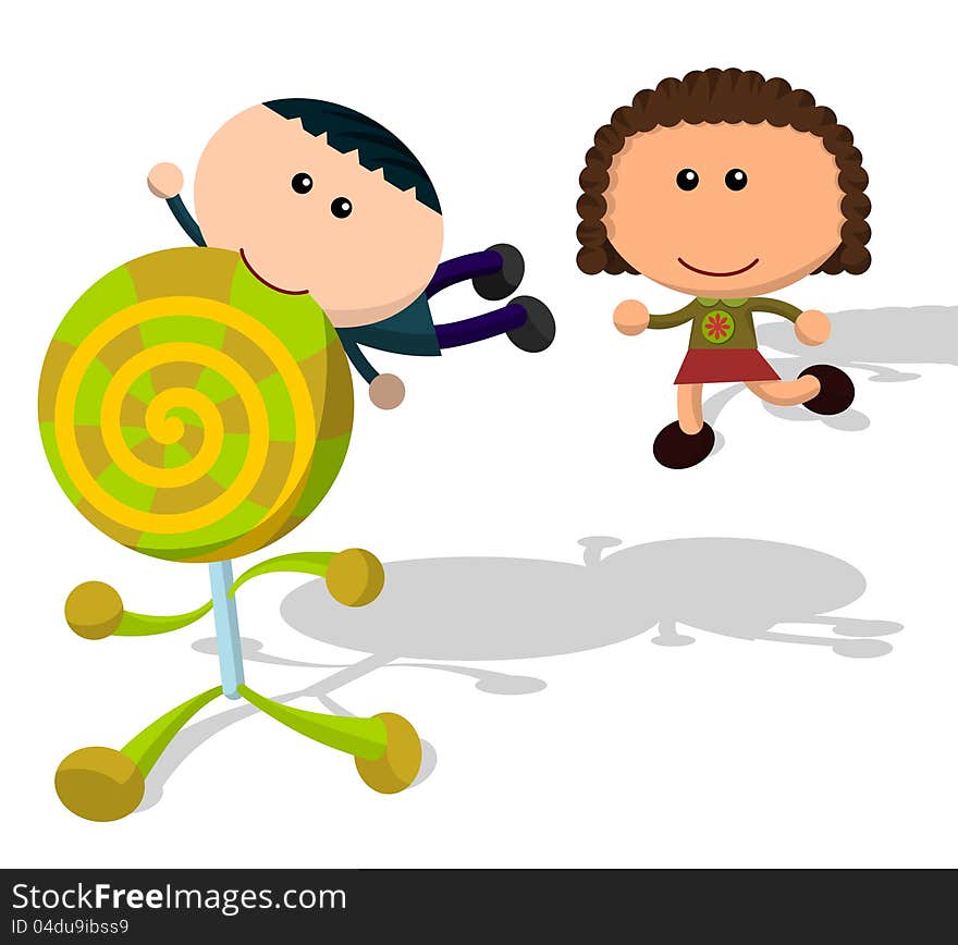 Humorous illustration of two cute cartoon kids chasing a lollipop with legs and arms. Humorous illustration of two cute cartoon kids chasing a lollipop with legs and arms