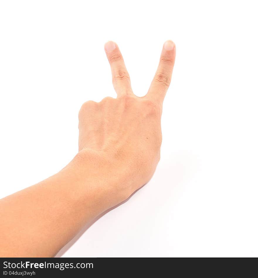 Male hand showing two fingers up isolated on white, peace or victory sign