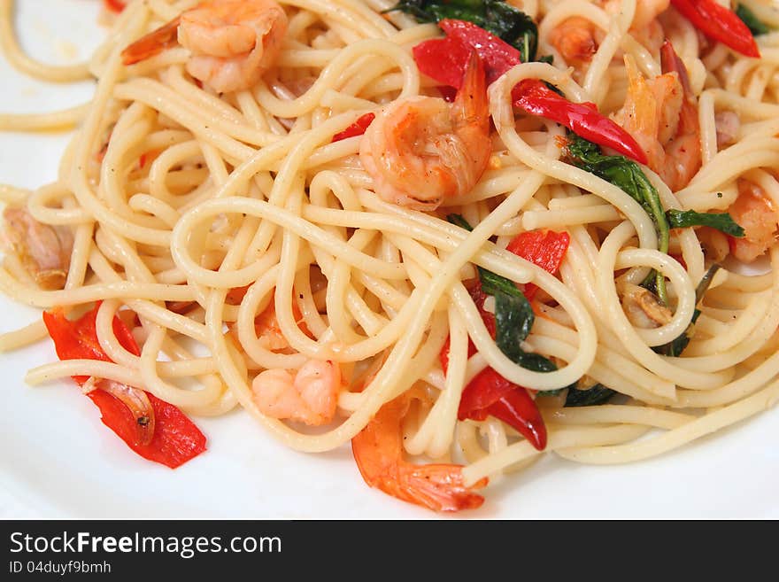 Spaghetti seafood with basil and shrimp