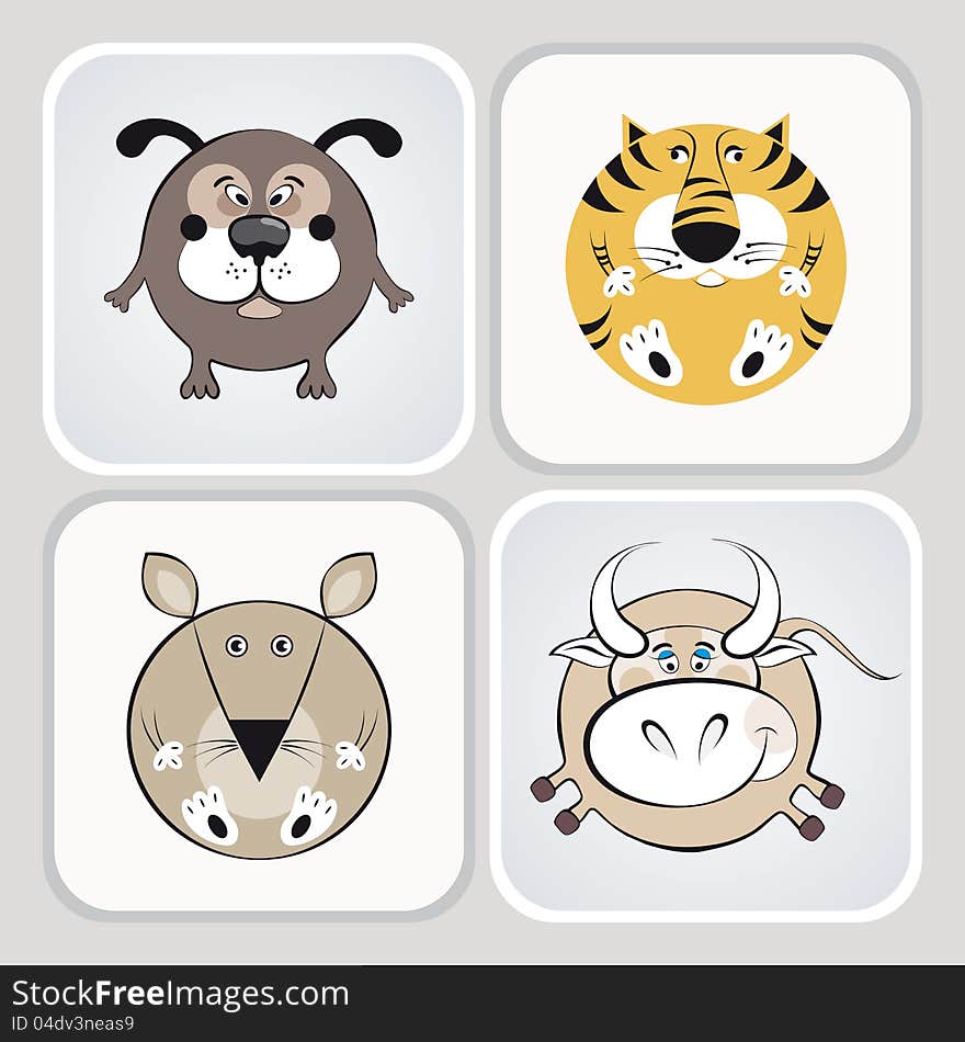 Cat, dog, mouse and cow icons. Vector illustration