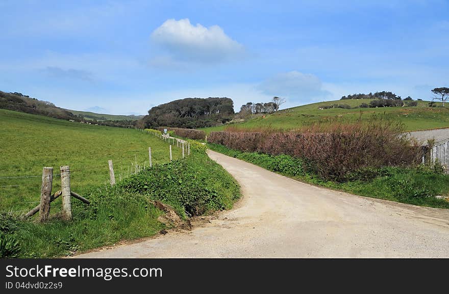 A Rural Landscape in Dorset, England with road between hills. A Rural Landscape in Dorset, England with road between hills