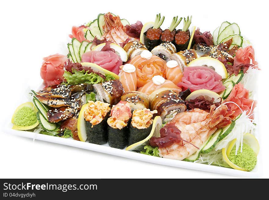 Japanese sushi fish and seafood on white background