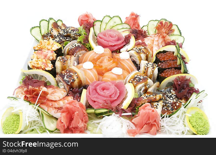 Japanese sushi fish and seafood on white background