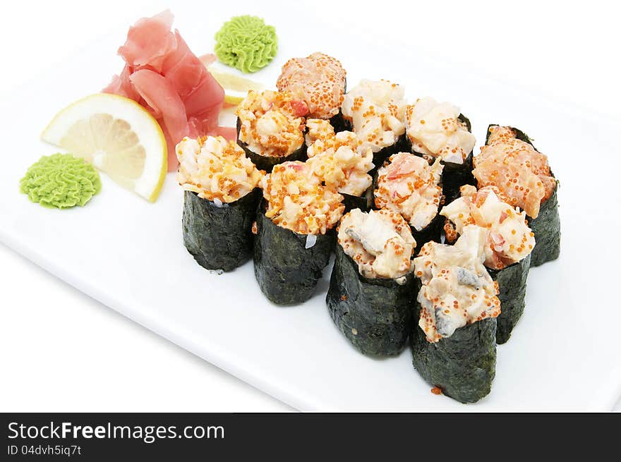 Japanese sushi fish and seafood on white background