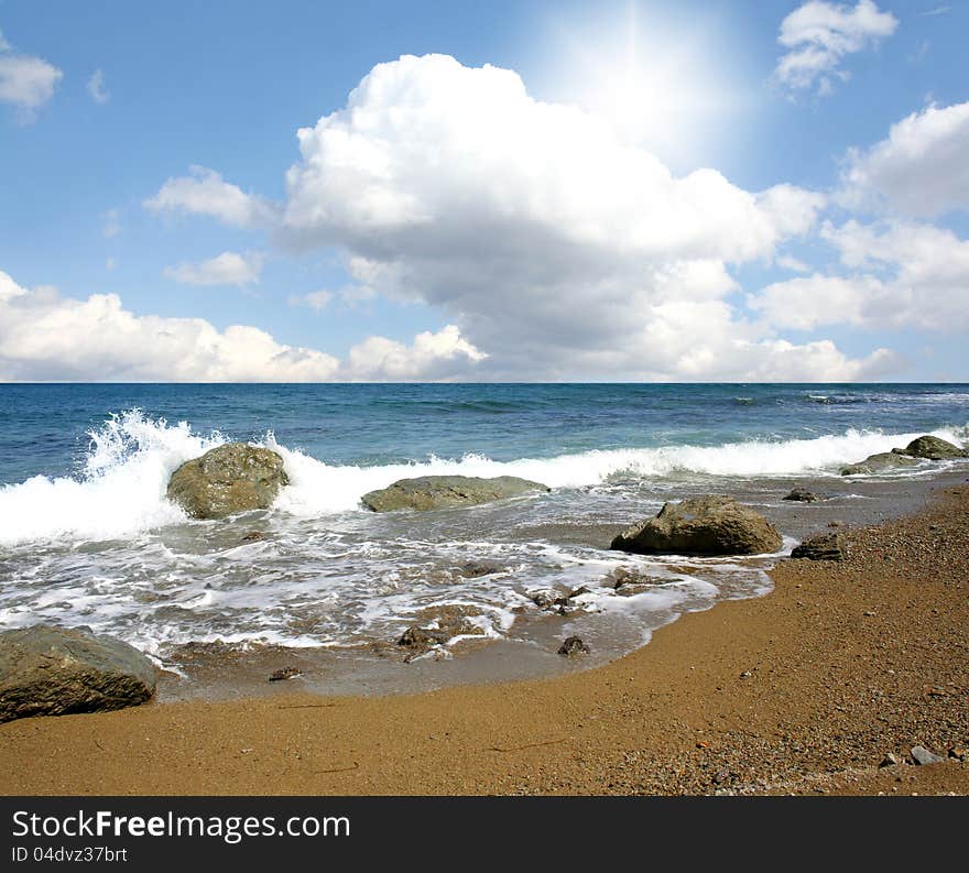 Blue  sea waves and clouds