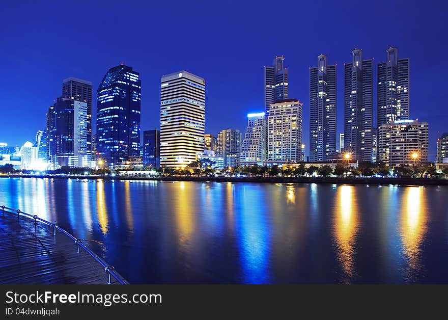 City at night. A modern building in Bangkok, Thailand.